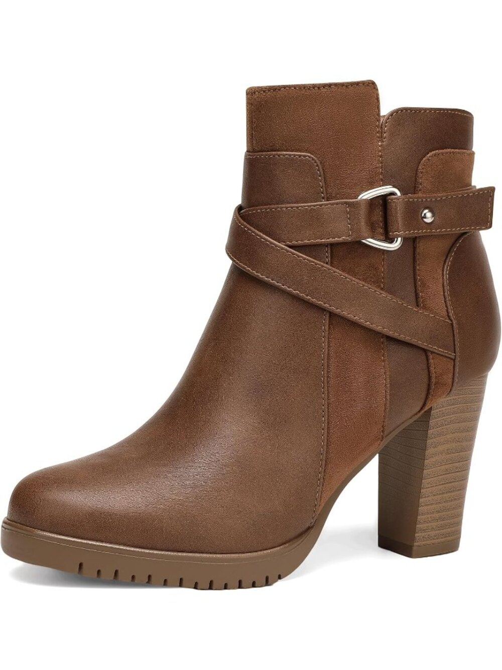 Women's Brown Round Toe Side Zipper Buckle Strap Chunky Stacked Heel Ankle Boots